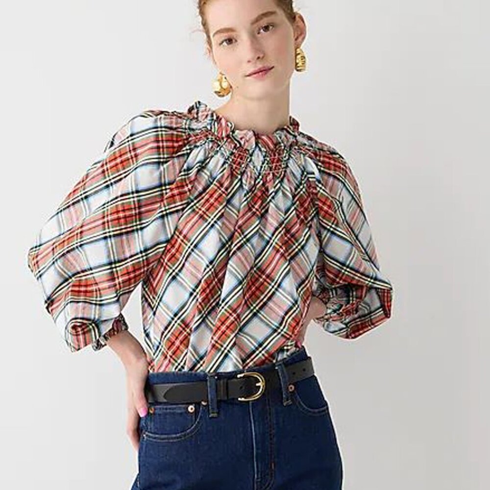 J. Crew Smocked-Neck Cotton Poplin Top in Snowy Stewart Tartan